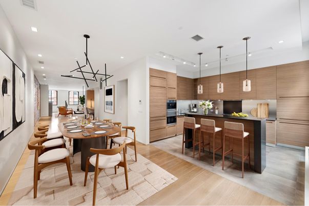 Dining room, Interior, Kitchen, Pendant Lights, Recessed Lighting, Stainless Steel Appliances, Wood Texture Flooring