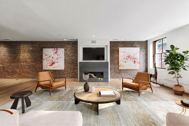 Fireplace, Interior, Living room, Recessed Lighting, Stone Walls, Wood Texture Flooring