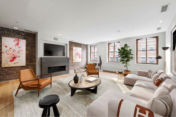 Fireplace, Interior, Living room, Recessed Lighting, Stone Walls, Wood Texture Flooring