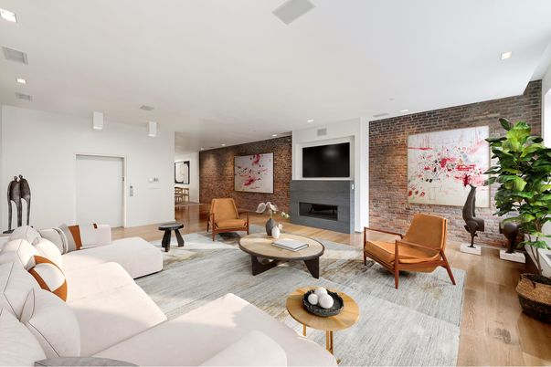 Fireplace, Interior, Living room, Recessed Lighting, Stone Walls, Wood Texture Flooring