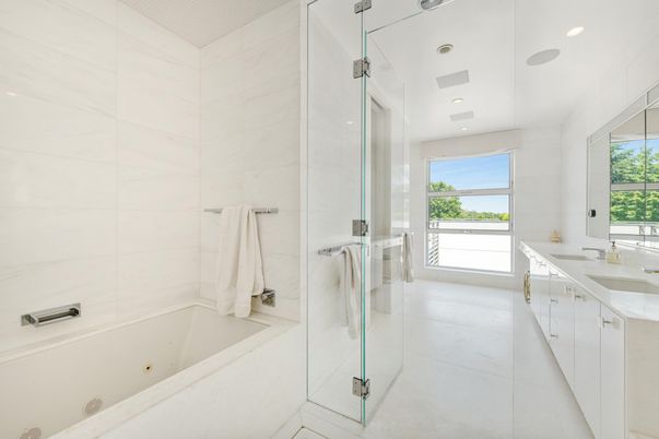Bathroom, Glass Shower, Interior, Marble Walls, Recessed Lighting