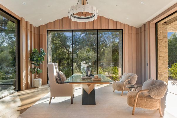 Dining room, Interior, Pendant Lights, Recessed Lighting, Stone Walls, Wood Texture Flooring