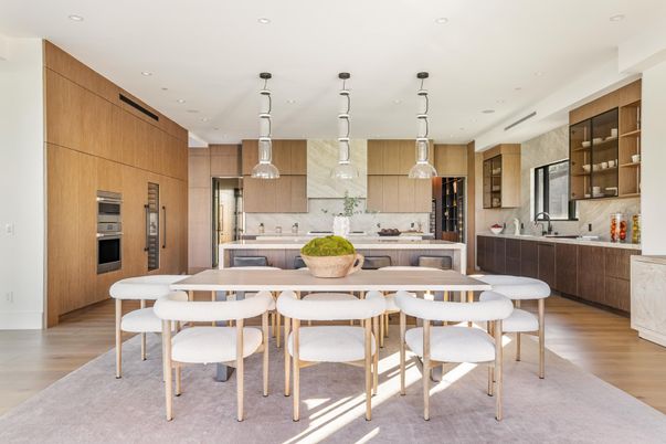 Dining room, Interior, Kitchen, Pendant Lights, Recessed Lighting, Stainless Steel Appliances, Wood Texture Flooring