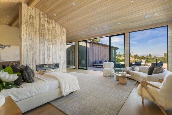 Bedroom, Fireplace, Interior, Living room, Recessed Lighting, Wooden Beams, Wooden Ceilings, Wood Texture Flooring