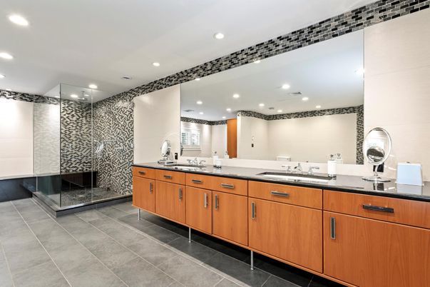 Bathroom, Dual Sink Vanities, Glass Shower, Interior, Recessed Lighting
