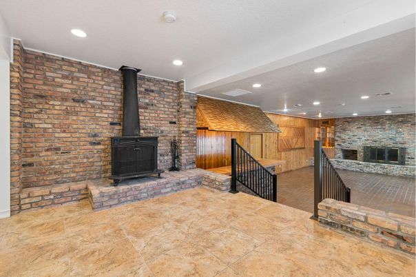 Fireplace, Interior, Recessed Lighting, Stone Walls, Wooden Walls