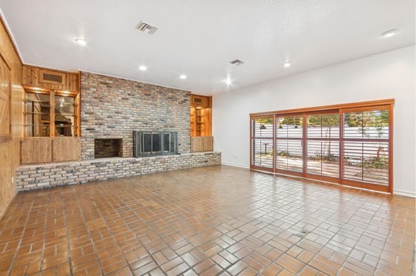 Empty room, Fireplace, Interior, Recessed Lighting, Stone Walls, Wooden Walls