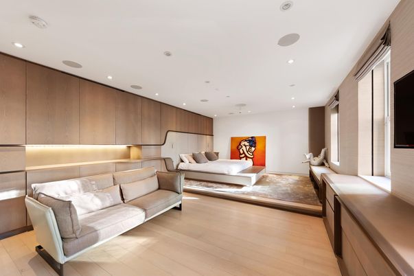Bedroom, Interior, Recessed Lighting, Wood Texture Flooring