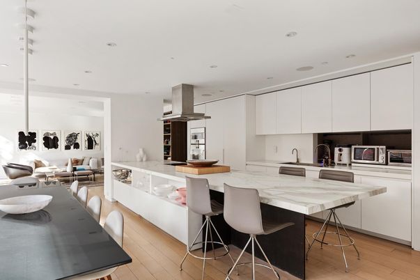 Dining room, Interior, Kitchen, Living room, Recessed Lighting, Wood Texture Flooring