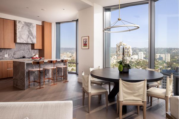 Dining room, Interior, Kitchen, Pendant Lights, Recessed Lighting, Wood Texture Flooring