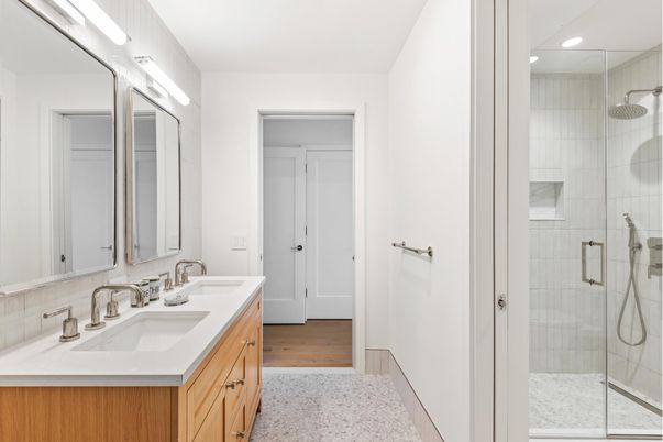 Bathroom, Dual Sink Vanities, Glass Shower, Interior, Recessed Lighting, Wood Texture Flooring