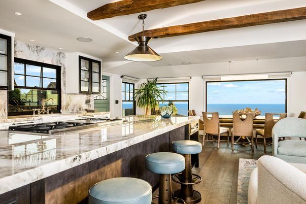 Dining room, Interior, Kitchen, Pendant Lights, Recessed Lighting, Water, Wooden Beams, Wood Texture Flooring