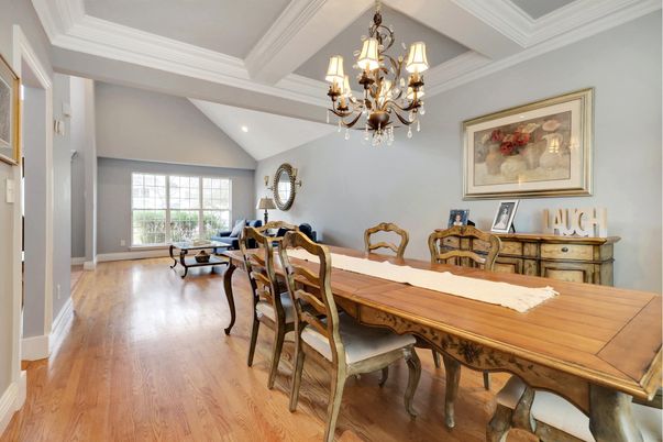 Chandelier, Dining room, Interior, Recessed Lighting, Wood Texture Flooring