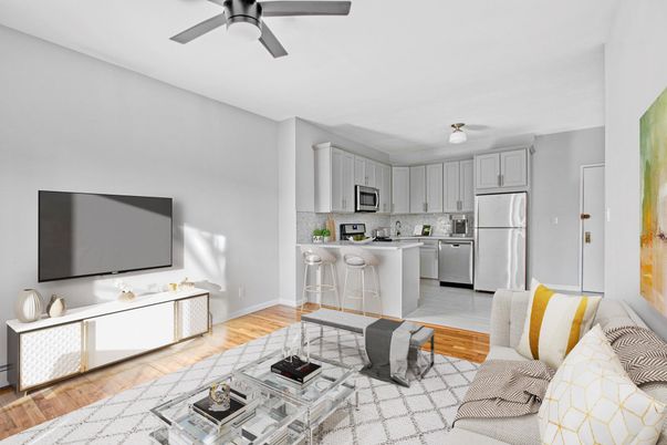 Interior, Kitchen, Living room, Stainless Steel Appliances, Wood Texture Flooring