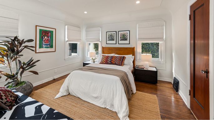 Bedroom, Interior, Recessed Lighting, Wood Texture Flooring