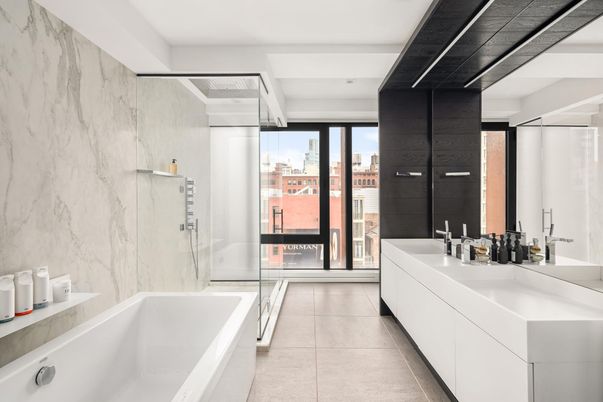 Bathroom, Dual Sink Vanities, Free Standing Baths, Glass Shower, Interior, Marble Walls