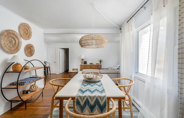 Dining room, Interior, Pendant Lights, Wood Texture Flooring