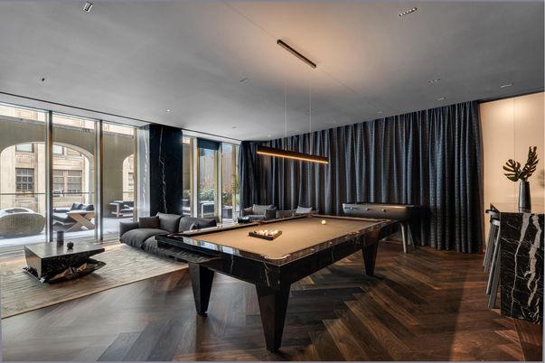 Billiard Table, Game Room, Interior, Pendant Lights, Recessed Lighting, Wood Texture Flooring