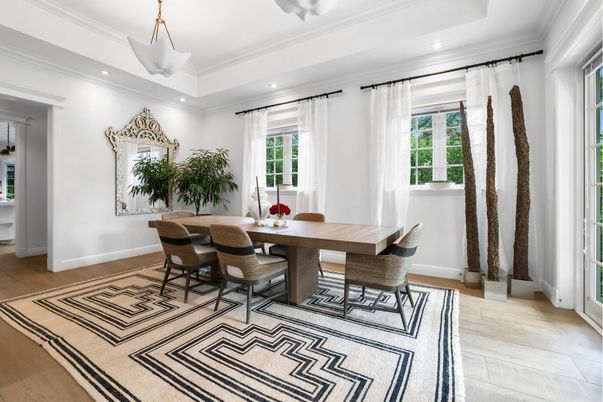 Dining room, Interior, Pendant Lights, Recessed Lighting, Wood Texture Flooring