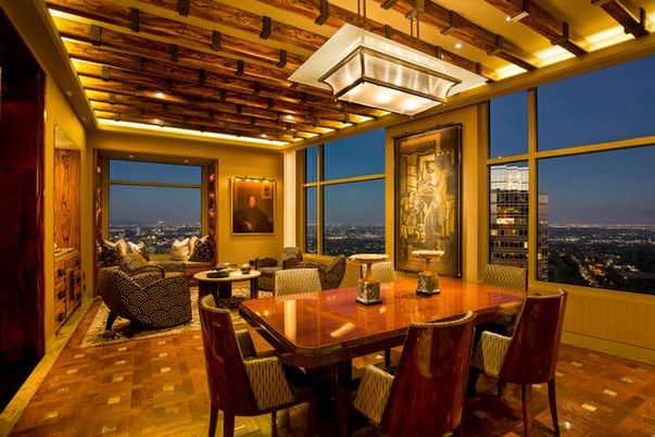 Dining room, Interior, Pendant Lights, Wooden Beams, Wood Texture Flooring