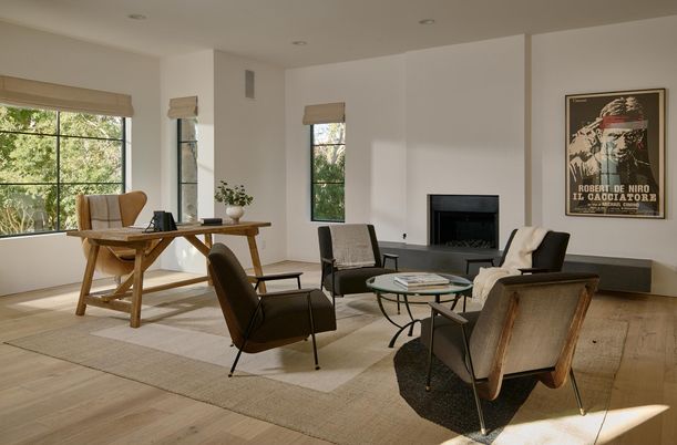 Fireplace, Home Office, Interior, Living room, Recessed Lighting, Wood Texture Flooring