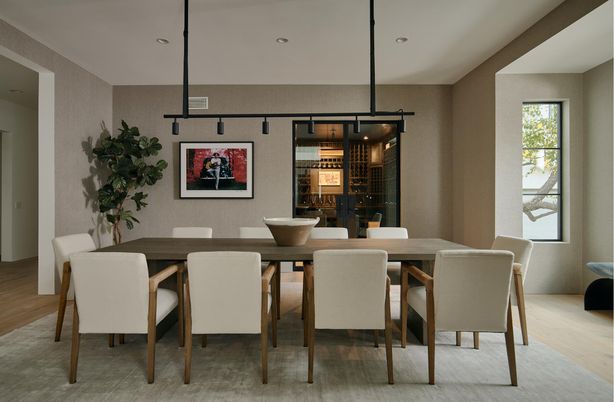 Dining room, Interior, Pendant Lights, Recessed Lighting, Wine Storage, Wood Texture Flooring