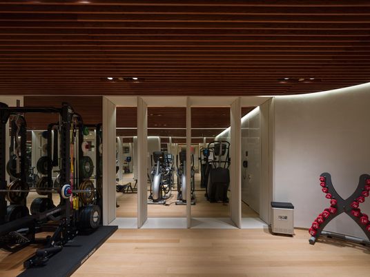 Fitness Equipment, Gym, Interior, Recessed Lighting, Wood Texture Flooring