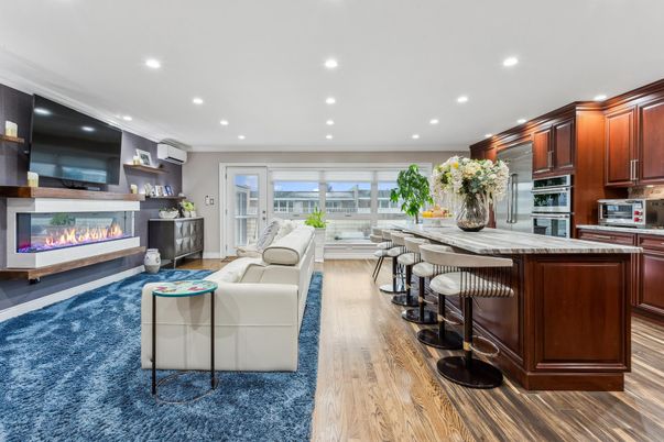 Fireplace, Interior, Kitchen, Living room, Recessed Lighting, Stainless Steel Appliances, Wood Texture Flooring