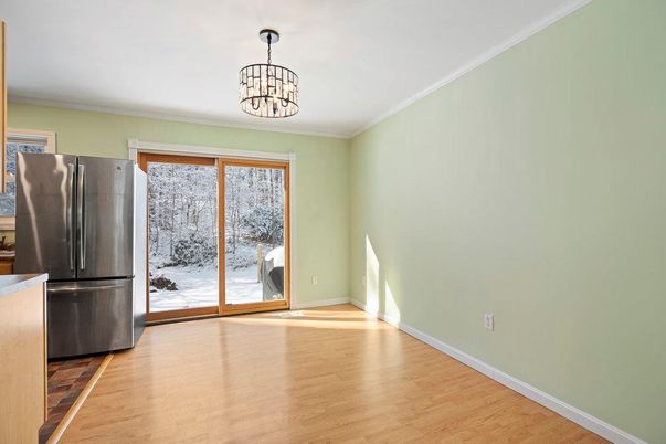 Chandelier, Empty room, Interior, Kitchen, Wood Texture Flooring