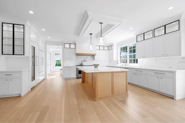 Interior, Kitchen, Marble Walls, Pendant Lights, Recessed Lighting, Wood Texture Flooring