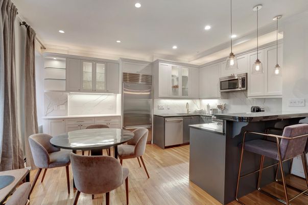 Dining room, Interior, Kitchen, Pendant Lights, Recessed Lighting, Stainless Steel Appliances, Wood Texture Flooring