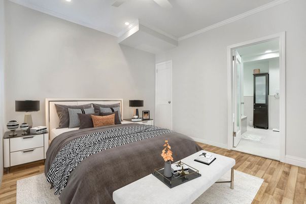 Bedroom, Interior, Recessed Lighting, Wood Texture Flooring