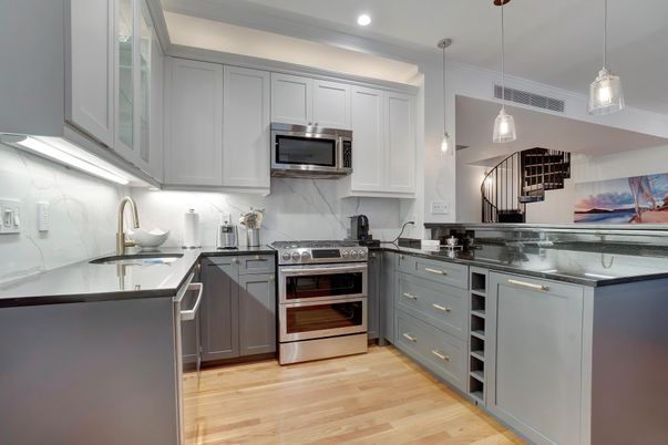 Interior, Kitchen, Pendant Lights, Recessed Lighting, Stainless Steel Appliances, Wood Texture Flooring