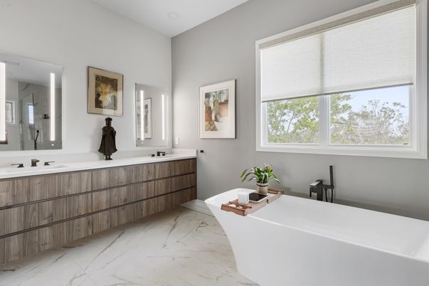Bathroom, Dual Sink Vanities, Free Standing Baths, Interior, Marble, Recessed Lighting