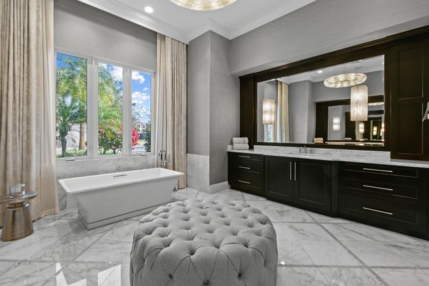 Bathroom, Chandelier, Dual Sink Vanities, Free Standing Baths, Interior, Marble, Pendant Lights, Recessed Lighting