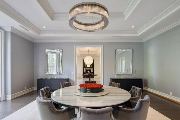 Chandelier, Dining room, Interior, Pendant Lights, Recessed Lighting, Wood Texture Flooring