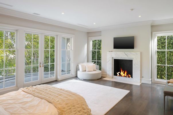 Bedroom, Fireplace, Interior, Recessed Lighting, Wood Texture Flooring