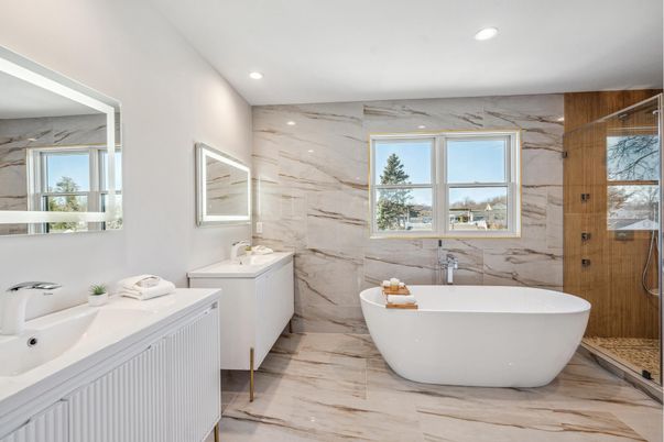 Bathroom, Dual Sink Vanities, Free Standing Baths, Glass Shower, Interior, Marble, Marble Walls, Recessed Lighting