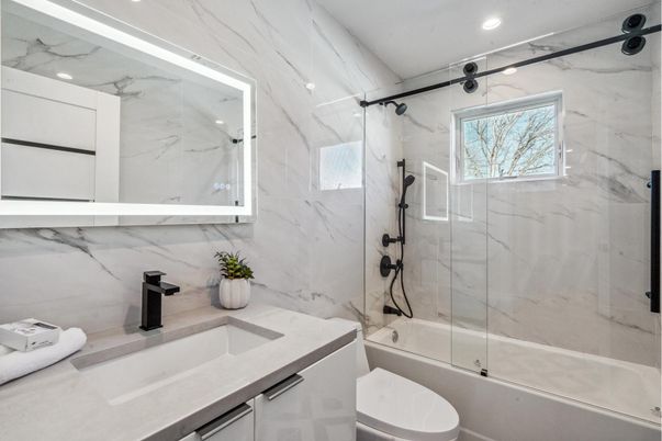 Bathroom, Glass Shower, Interior, Marble Walls, Recessed Lighting