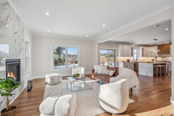 Fireplace, Interior, Kitchen, Living room, Marble Walls, Pendant Lights, Recessed Lighting, Wood Texture Flooring
