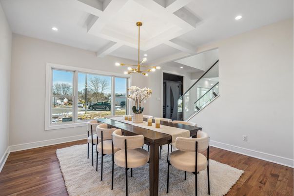 Dining room, Interior, Pendant Lights, Recessed Lighting, Wood Texture Flooring