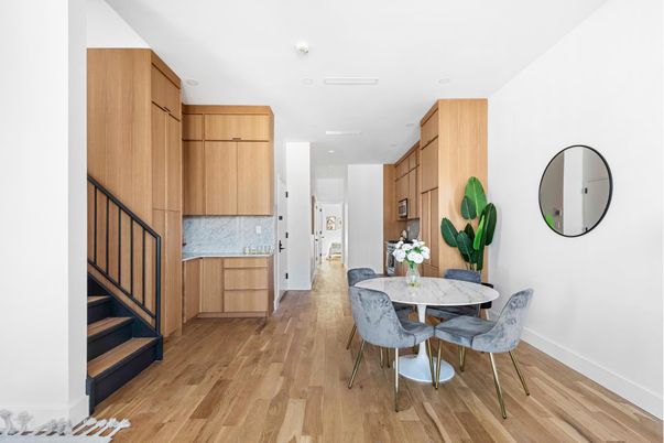 Dining room, Interior, Kitchen, Recessed Lighting, Wood Texture Flooring