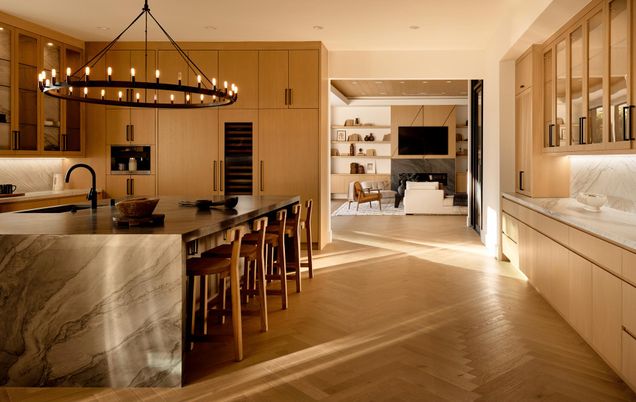 Chandelier, Interior, Kitchen, Living room, Pendant Lights, Recessed Lighting, Wood Texture Flooring