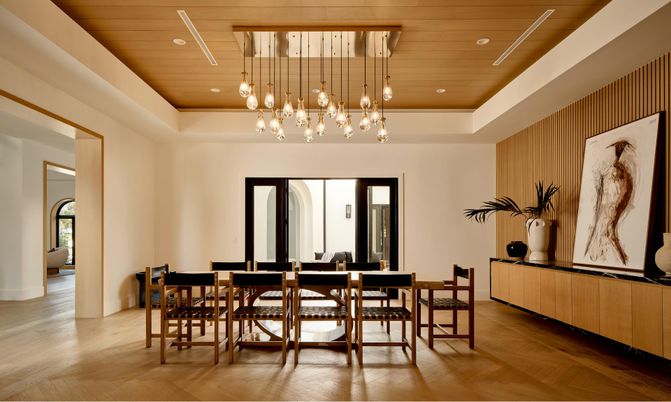 Dining room, Interior, Pendant Lights, Recessed Lighting, Wooden Ceilings, Wood Texture Flooring