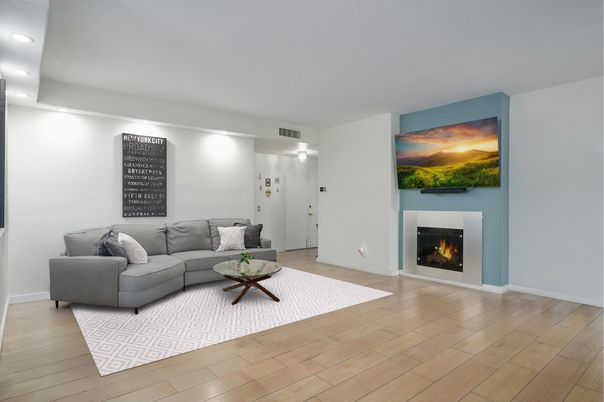 Fireplace, Interior, Living room, Recessed Lighting, Wood Texture Flooring