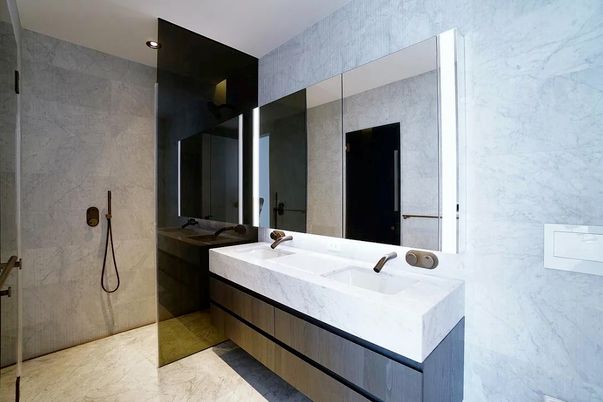 Bathroom, Dual Sink Vanities, Glass Shower, Interior, Marble, Marble Walls, Recessed Lighting