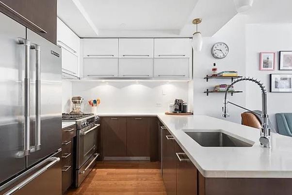 Interior, Kitchen, Pendant Lights, Stainless Steel Appliances, Wood Texture Flooring