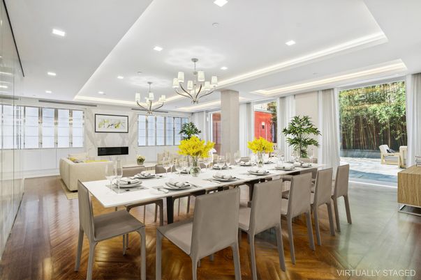 Chandelier, Dining room, Fireplace, Interior, Living room, Pendant Lights, Recessed Lighting, Wood Texture Flooring