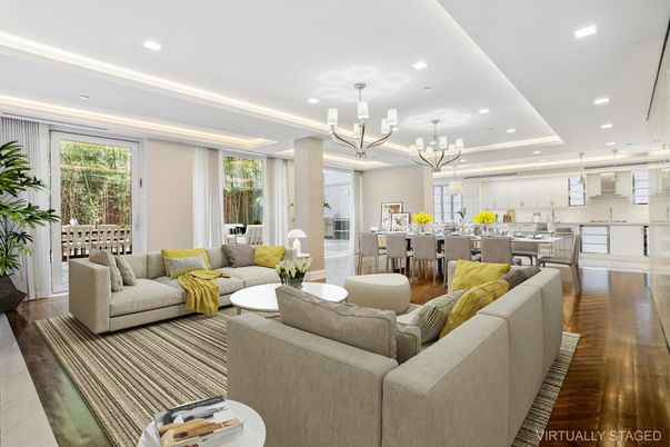 Chandelier, Dining room, Interior, Kitchen, Living room, Pendant Lights, Recessed Lighting, Wood Texture Flooring