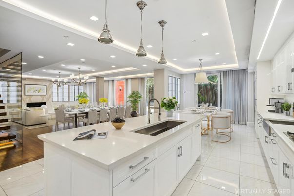 Dining room, Interior, Kitchen, Living room, Pendant Lights, Recessed Lighting, Stainless Steel Appliances, Wood Texture Flooring